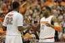 Mar 3, 2012; Syracuse, NY, USA; Syracuse Orange guard Scoop Jardine (11) greets forward Kris Joseph (32) after coming out of the game against the Louisville Cardinals at the Carrier Dome. Richard Mackson-US PRESSWIRE