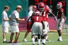 Alabama head coach Nick Saban, second from left, works with defensive backs B.J. Scott (1) and  Dre Kirkpatrick (21) during NCAA college football practice in Tuscaloosa, Ala., Thursday, Aug. 5, 2010.  (AP Photo/The Tuscaloosa News, Dusty Compton)