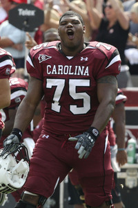 COLUMBIA - SEPTEMBER 11:  Offensive guard Steven Singleton #75 of the South Carolina Gamecocks celebrates after the game against the Georgia Bulldogs at Williams-Brice Stadium on September 11 2010 in Columbia South Carolina.  The Gamecocks beat the Bulldogs 17-6.    (Photo by Mike Zarrilli/Getty Images)