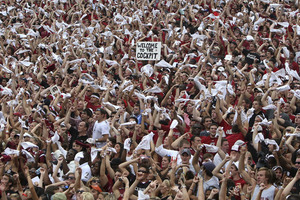 COLUMBIA - SEPTEMBER 11:  South Carolina Gamecocks fans cheer during the game against the Georgia Bulldogs at Williams-Brice Stadium on September 11 2010 in Columbia South Carolina.  The Gamecocks beat the Bulldogs 17-6.  (Photo by Mike Zarrilli/Getty Images)
