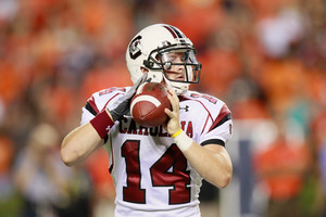AUBURN AL - SEPTEMBER 25:  Backup quarterback Connor Shaw #14 of the South Carolina Gamecocks looks to pass against the Auburn Tigers at Jordan-Hare Stadium on September 25 2010 in Auburn Alabama.  (Photo by Kevin C. Cox/Getty Images)