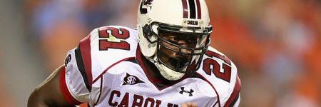 AUBURN AL - SEPTEMBER 25:  Marcus Lattimore #21 of the South Carolina Gamecocks rushes against the Auburn Tigers at Jordan-Hare Stadium on September 25 2010 in Auburn Alabama.  (Photo by Kevin C. Cox/Getty Images)