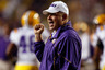 BATON ROUGE LA - SEPTEMBER 25: Head coach Les Miles of the Louisiana State University Tigers cheers during pregame before playing the West Virginia Mountaineers at Tiger Stadium on September 25 2010 in Baton Rouge Louisiana. The Tigers defeated the Mountaineers 20-14. (Photo by Chris Graythen/Getty Images)