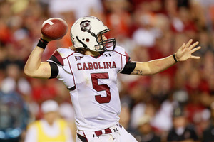 AUBURN AL - SEPTEMBER 25:  Quarterback Stephen Garcia #5 of the South Carolina Gamecocks looks to pass against the Auburn Tigers at Jordan-Hare Stadium on September 25 2010 in Auburn Alabama.  (Photo by Kevin C. Cox/Getty Images)