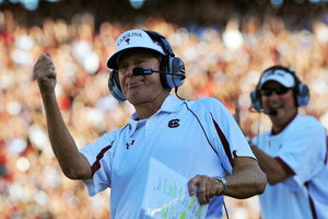 COLUMBIA, SC - OCTOBER 9: Coach Steve Spurrier of the South Carolina Gamecocks cheers a touchdown against the Alabama Crimson Tide October 9, 2025 at Williams-Brice Stadium in Columbia, South Carolina.  (Photo by Al Messerschmidt/Getty Images)