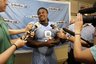 North Carolina Defensive tackle Marvin Austin answers questions during North Carolina football media day in Chapel Hill, N.C., Friday, Aug. 7, 2009. (AP Photo/Gerry Broome)